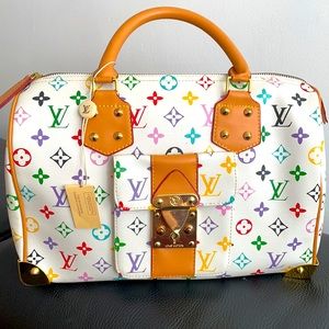white multi color hand bag